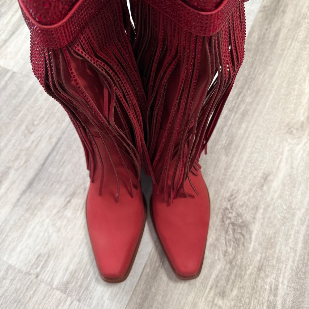 Red Rhinestone Fringe Western Cowgirl Boots Pointed Toe Block Heel Size 8 - Picture 6 of 11